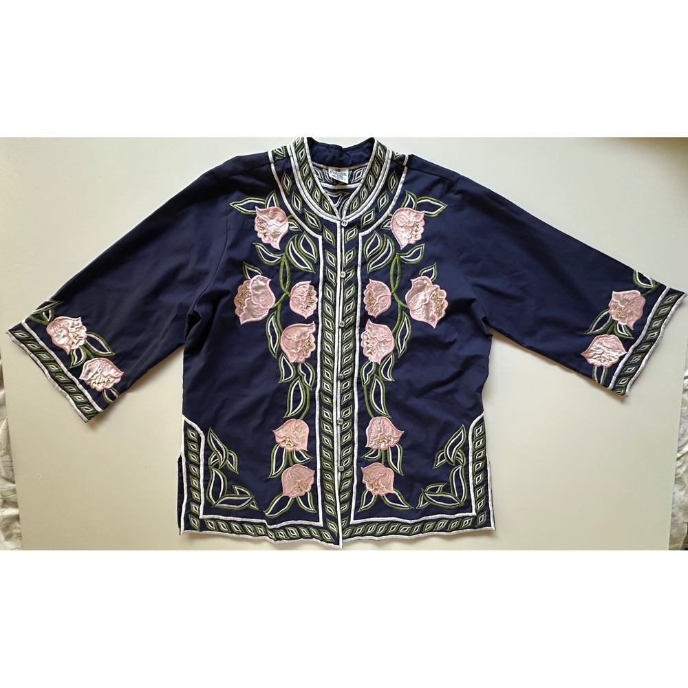 VTG The Emporium Floral Embroidered Applique Top Navy Blue Pink Green Women XL